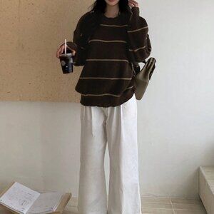 Multicolor Casual Women's Striped Loose Fit Crew Neck Sweater